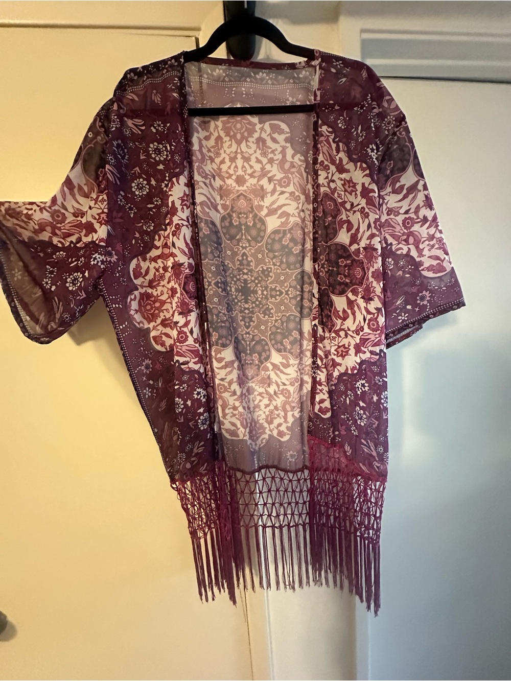 Sheer Floral Fringe Kimono Jacket - Plum